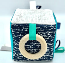 Load image into Gallery viewer, 5&quot; Scripted Blue Sensory Fabric Block
