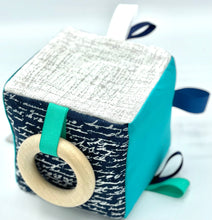 Load image into Gallery viewer, 5&quot; Scripted Blue Sensory Fabric Block
