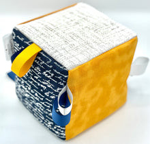 Load image into Gallery viewer, 5&quot; Scripted Yellow Sensory Fabric Block
