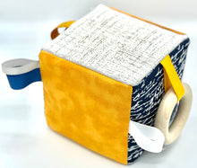 Load image into Gallery viewer, 5&quot; Scripted Yellow Sensory Fabric Block
